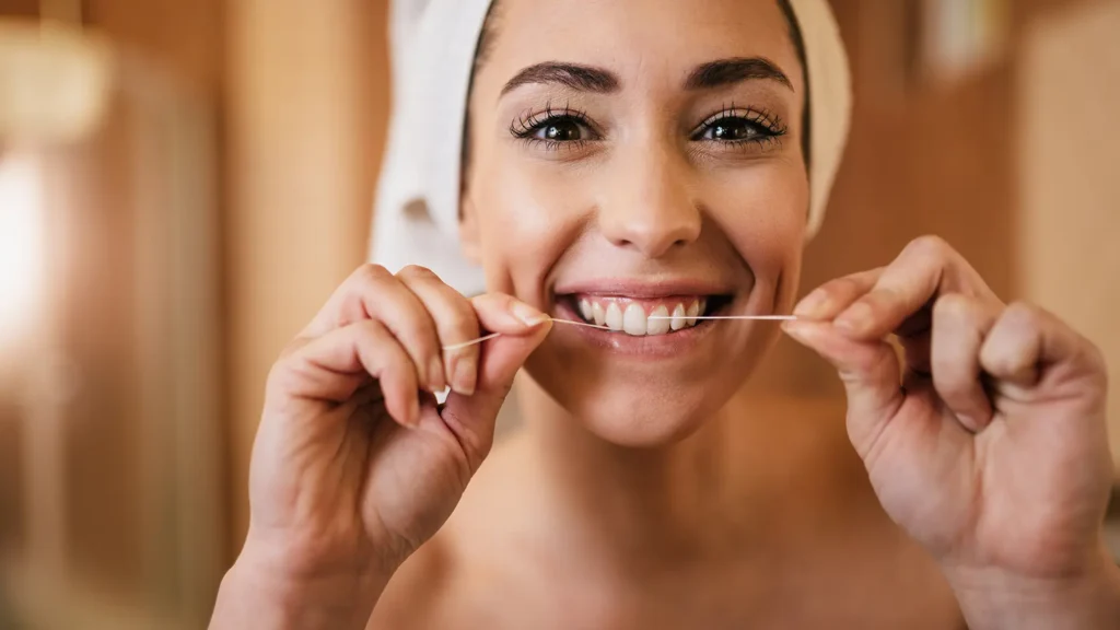 Osoba koristi zubni konac za čišćenje prostora između zuba, održavanje oralne higijene i prevenciju kamenca