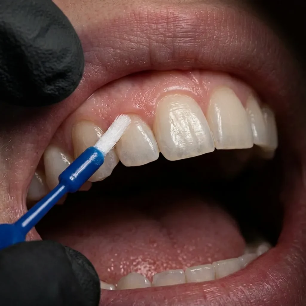 Stomatolog pregleda zube i čisti pri procesu fluorizacije zuba